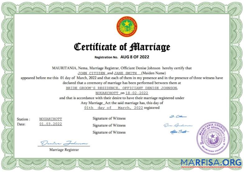 Downloadable Mauritania marriage certificate Word and PDF template